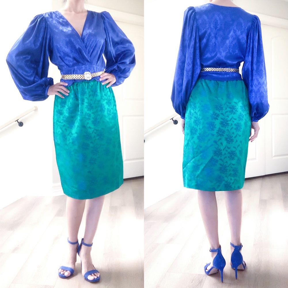 🔵 Ronny Kobo Royal Blue Damask Pattern Satin Eugenia Crop Top Blouse NEW… - Picture 4 of 11